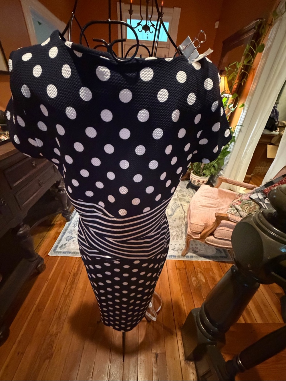 Shelby & Palmer Polka Dot Midi Dress with Striped Waist Detail - Picture 9 of 11